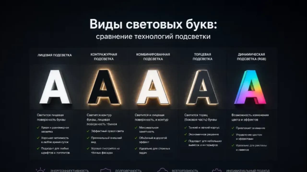 Виды световых букв: сравнение технологий подсветки